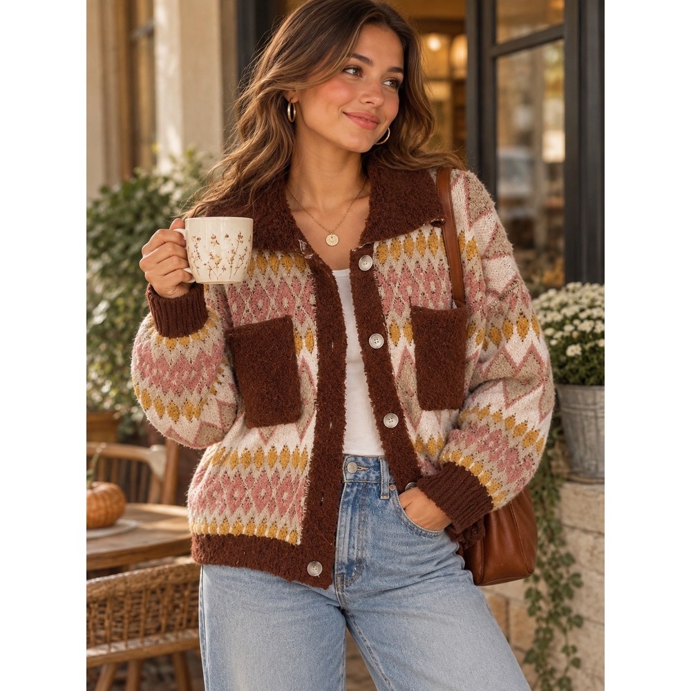 Flat White Anthropologie Cardigan Sweater Womens Medium Fair Isle Sherpa Grandma